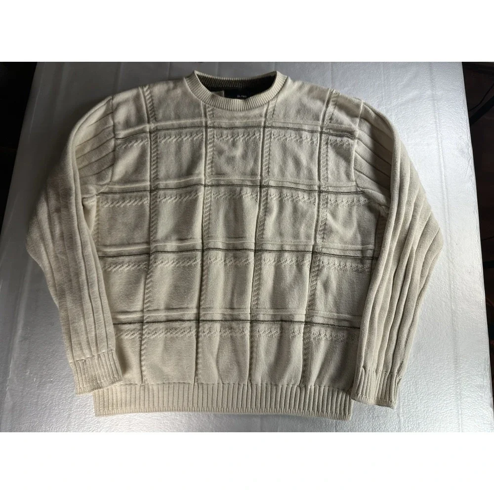 Bill Blass long sleeve cream gray black striped crewneck knit‎ sweater men's XXL